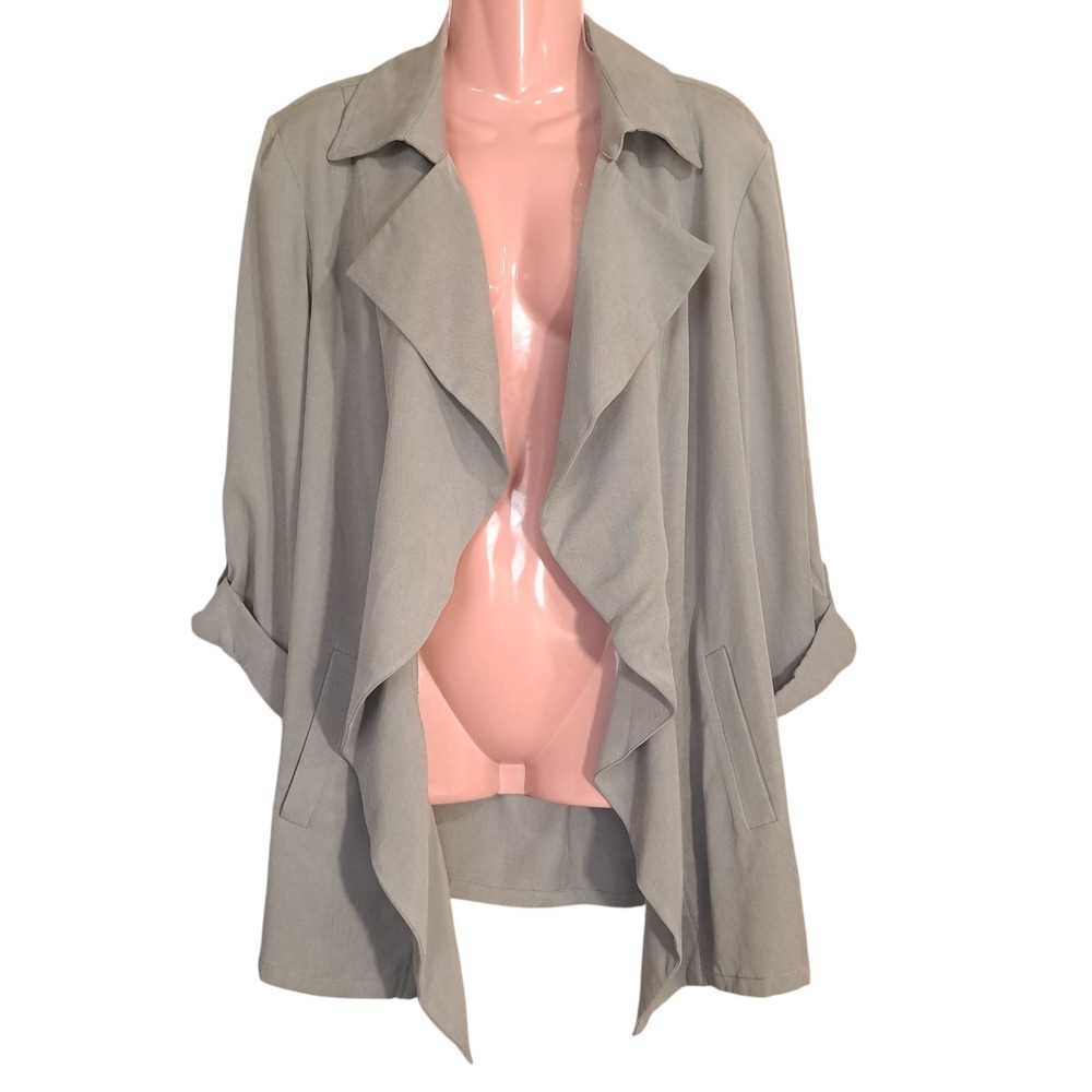 Chico's Olive Green Open Front Cardigan Roll Tab Sleeve Size 2 100% Lyocell